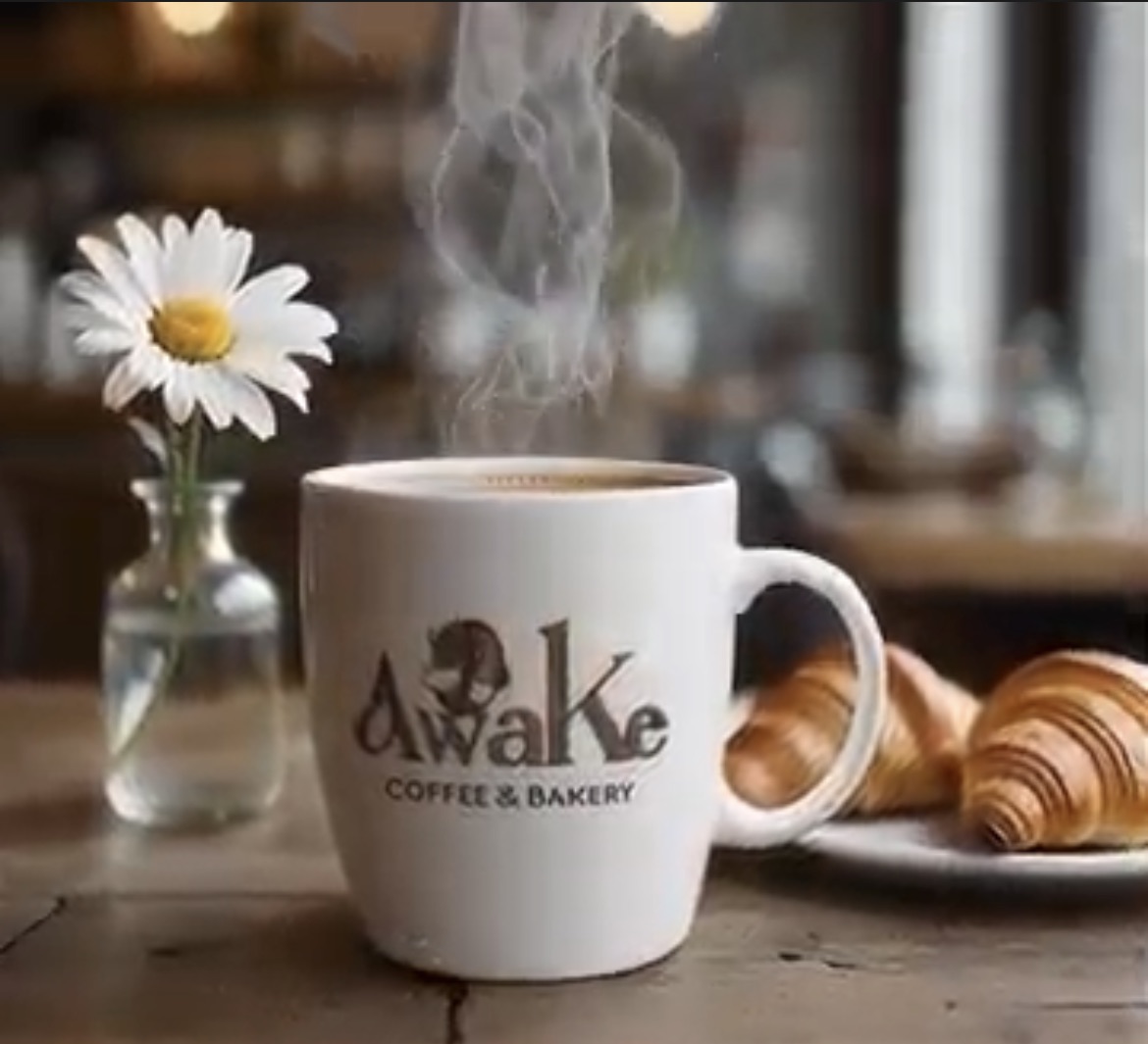 White Awake Coffee & Bakery mug with the Awake logo, a white daisy and pastries